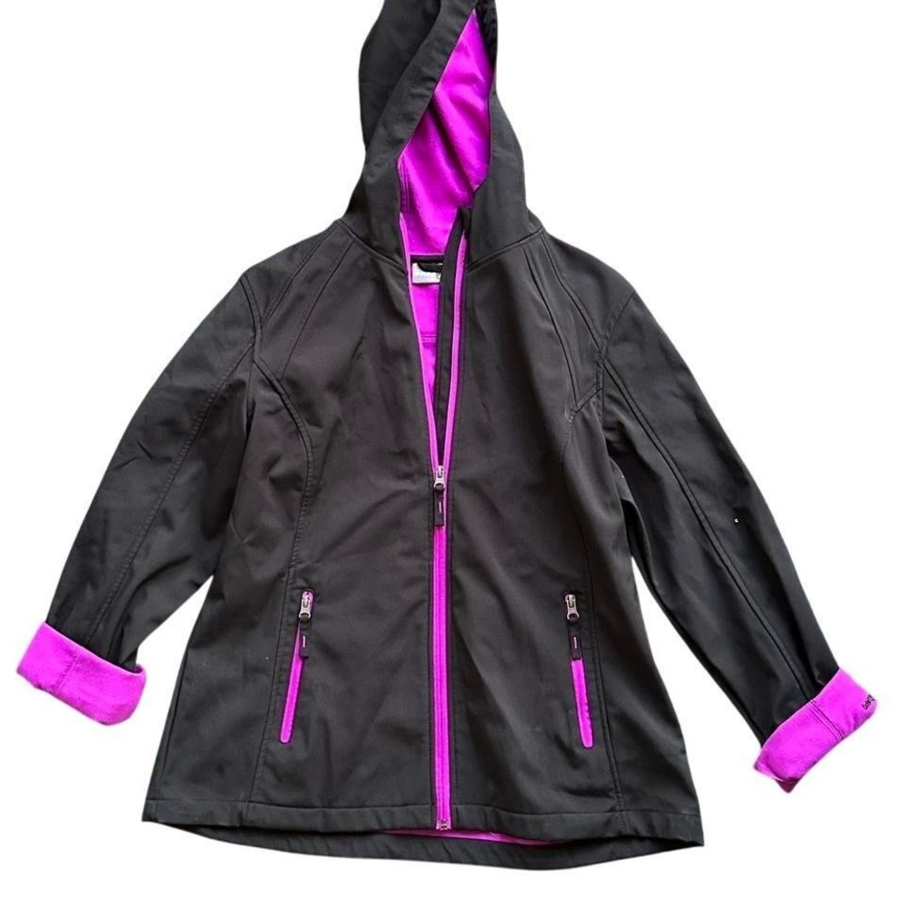 Black and pink hooded waterproof jacket with zipper pockets